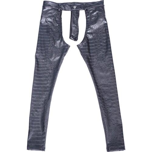 Erotic PU Leather Open-Seat Pants Crocodiles Skin Texture Punk Pencil Legging Crotchless Club House Home Special Purpose Trouser