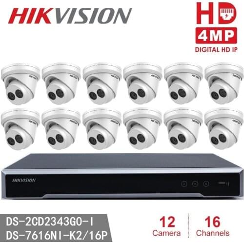 Hikvision 16 Channel 4MP Home Security System 12pcs 4MP Dome Cameras DS-2CD2343G0-I Indoor weatherprood IP Poe Surveillance