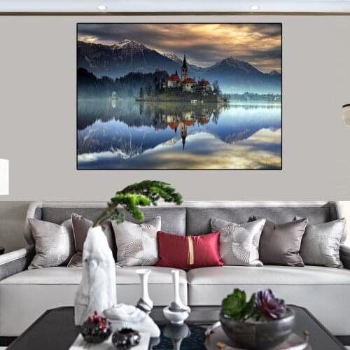House on the Lake Canvas Painting Creative Building Posters and Prints Wall Pictures Modern Living Room Home Decoration