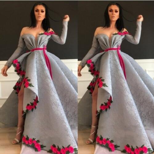 Saudi Arabic Dubai Lace Prom Dresses Flowers Long Sleeves Evening Dress Formal Party Gowns vestido formatura