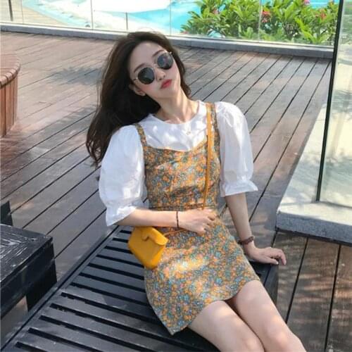 Summer 2020 new French articidal slim flower sling dress girl shirt skirt two-piece set