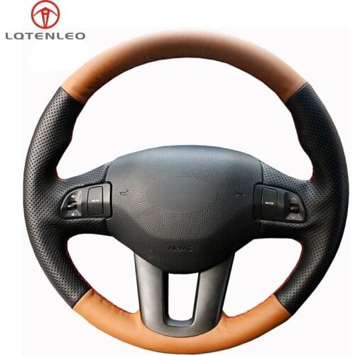 LQTENLEO Black Orange Leather DIY Hand-stitched Car Steering Wheel Cover For Kia Sportage 3 2010-2017 Kia Ceed Cee'd 2009-2012