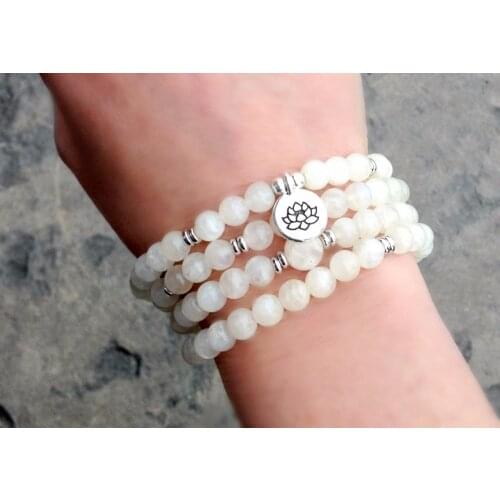 108 Moonstone Mala Beads, Yoga Jewelry, Buddhist Meditation, Chakra Healing, Feminine Energy + Intuition + New Beginnings