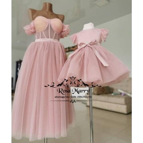 Cute Pink Mother Daughter Family Look Prom Dresses A Line Plus Size Tea Length Kids Birthday Party Gowns For Toddlers