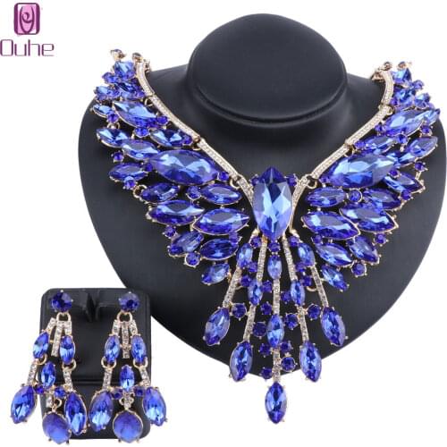 Fashion Crystal Rhinestones Statement Necklace Earrings For Women Indian Bridal Wedding Party Accessories Decoration Jewelry Set