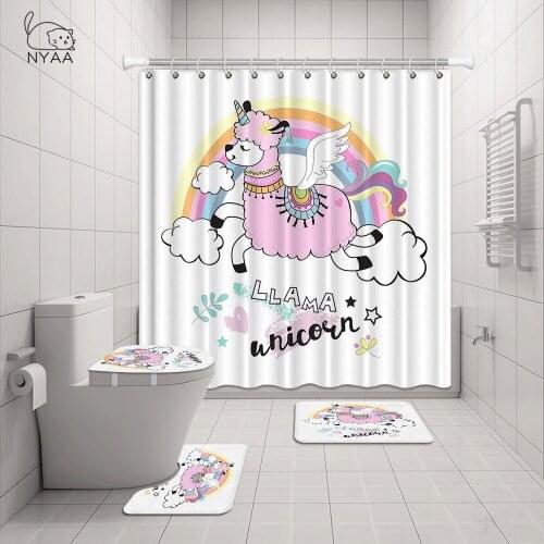 Cartoon Alpaca Animal Bath Shower Curtain 4pcs Bathroom Rug Sets Non-slip Bath Mat Toilet Cover Kitchen Carpet Bathroom Decor