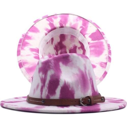 Tie Dyed Mens Fashion Wide Edge Cowboy Church Jazz Panama Fedora Wool Felt Hat Spring Belt decoration Hat