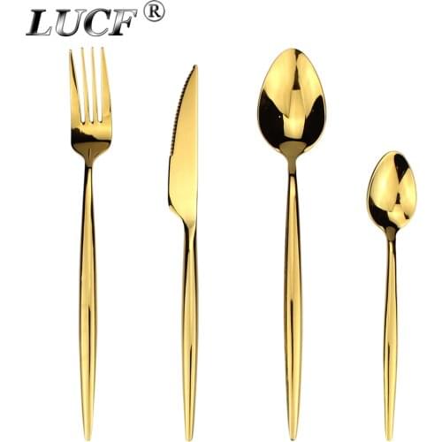LUCF Fashion standard Golden 4 in 1 Stainless Steel Western Cutlery Set metal shining Dinnerware Sets flatware family recommend
