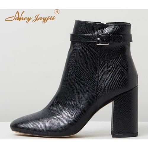 2019 Fashion Black Snake Print Brown Leopard Winter Ankle Boots Woman High Square Heels Pointed Toe Buckle Zipper Small Size 4 5
