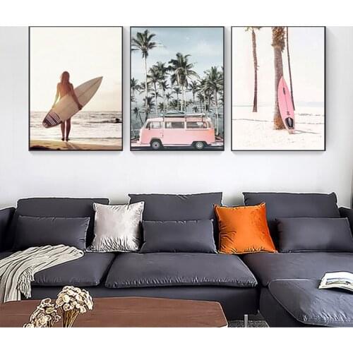 Posters And Prints Wall Pictures For Living Room Decor Pink Beach Flamingo Palm Tree Surfboard Wall Art Canvas Painting Nordic
