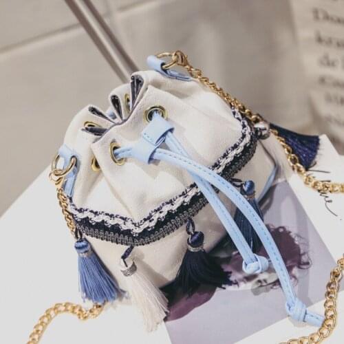 2020 new ethnic style tassel bucket bag fashion mini wild chain bag drawstring shoulder messenger small bag female bag