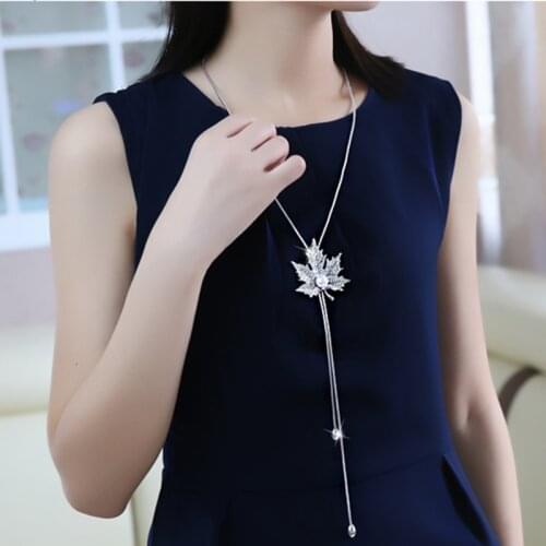 Lovely Maple Leaf Long Beaded Chain Tassel Pendant Necklace Women Office Lady Imitation Pearl Jewelry Bijoux Gifts