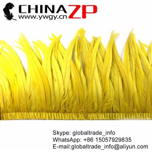 CHINAZP Feathers Wholesale 10yards/lot 12-14 inch Top Quality Yellow Rooster Tail Feather Fringe Trim for Clothes Decor