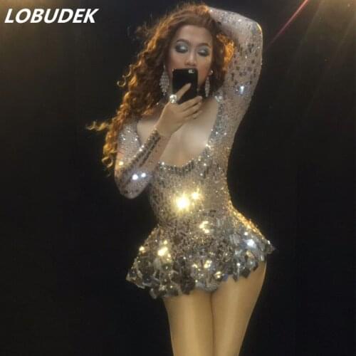 Silver Sequins stones sexy female costumes Bright crystals diamond singer nightclub bar show DJ dress performance star
