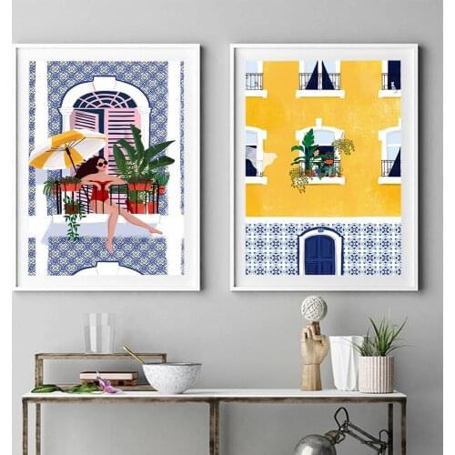 Brightly Colored Plant Girl Canvas Painting Nordic Morocco Building Poster Wall Art Woman Travel Picture for Living Room Decor