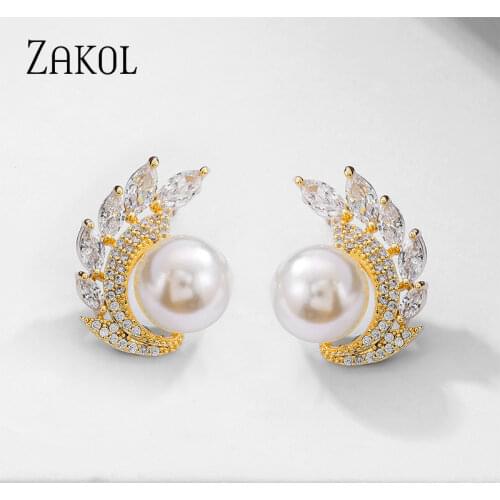 ZAKOL 2021 New Big Simulated Pearl Stud Earrings for Women Luxury Cubic Zirconia Weddings Earrings Jewelry Gifts FSEP2866
