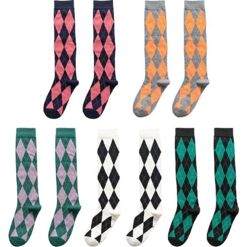 Women Autumn Cotton Knee High Socks Japanese Preppy Style Vintage Contrast Color Argyle Plaid Print Student Stockings
