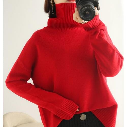 Super soft 100% wool new cashmere sweater womens high collar thickened loose loose solid color long sleeve sweater simple lazy