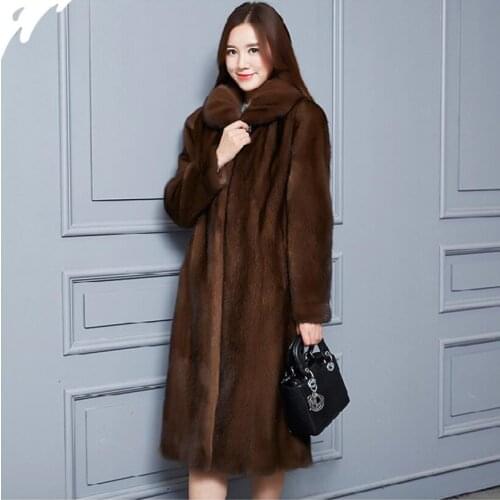 Female Man-Made Mink Fur Coat Long Clothing Large Size Coffee Color Casual Winter Overcoats Women Fashion Fur Outwears