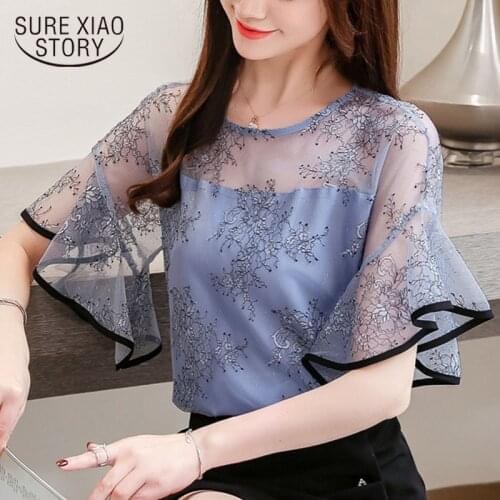 Womens Tops And Blouses 2021 Flare Short Sleeve Lace Women Blouse Fashion Shirt Tops White Shirts Womens Clothing 3546 50