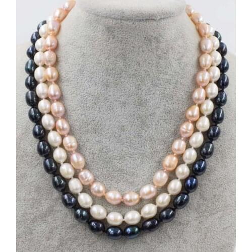 3rows white/pink/black egg freshwater pearl necklace 17-19inch wholesale beads nature FPPJ woman