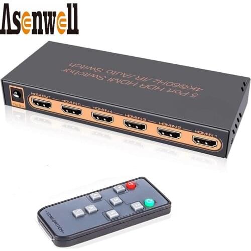4K@60Hz HDMI Switcher 5 In 1 Out UHD HDR10 v2.0 Switch 5 Port 4K Remote IR Control 18Gbps 1080P 3D Smart HDCP2.2 Video Selector