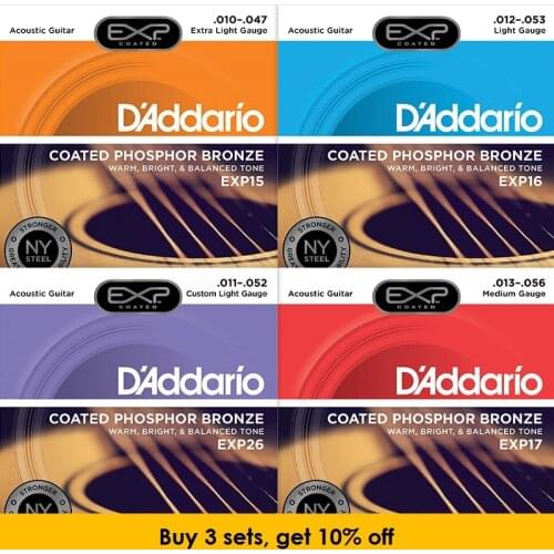 D'addario EXP Coated Phosphor Bronze Round Wound Acoustic Guitar Strings, EXP15 EXP16 EXP17 EXP26