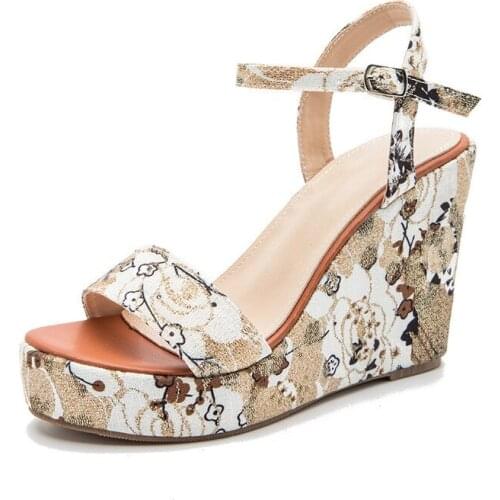 Boho Ankle Strap Women Wedge Heels Shoes For Girl New Print Platform High Heel Sandals Big Size 36-43 Summer Woman Sandals Shoes