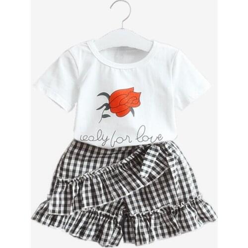 2019 children girls summer new fashion flower print cotton T-shirt + Patchwork plaid shorts clothing set 3-8 years