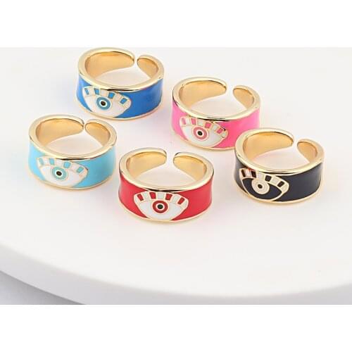 Drop Shipping White Pink Blue Enamel Cute Lovely Turkish Evil Eye Wide Gold Color Eternity Band Rings For Women Jewelry Gift