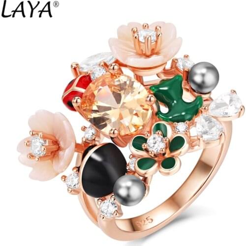 Laya Ring For Women Summer Hot High Quality Zircon Natural Shell Flower 925 Sterling Silver Animal Enamel Fashion Jewelry 2021
