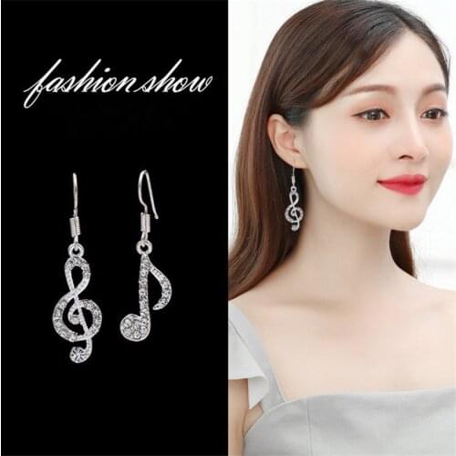 Hot Personality Geometric Music Dream Symbol Asymmetric Earrings Music Notes Ear Hook Crystal Silver Color Earrings for Women