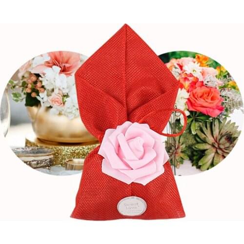 20pcs/lot Cute Purple Wedding Candy Bag With Pink Color PE Rose Flower And Sweet Love Card DIY Beautiful Party Favor Gift Box