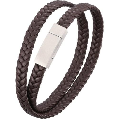 Trendy Braided Leather Wrap Bracelets for Men Women Jewelry Stainless Steel Magnet Clasp Wristband Party Accessories Gift PD1055