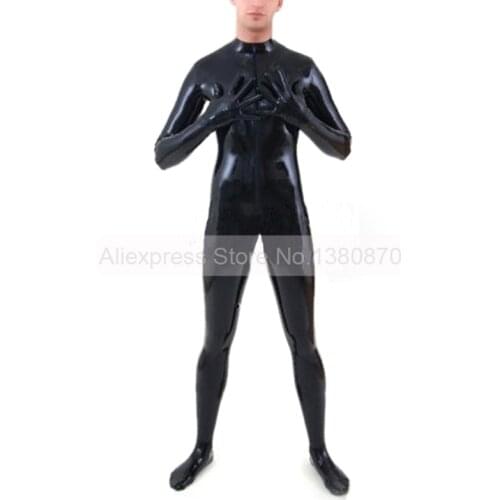 Male black latex suit sexy zentai catsuit overall front zip rubber socks gloves attatched man bodysuit plus size S-LCM079