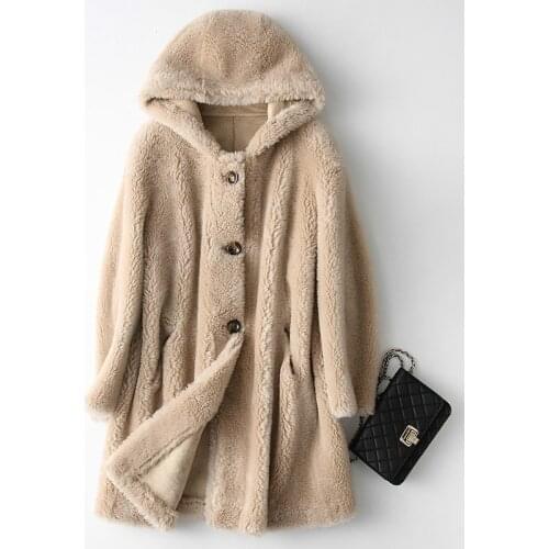 2020 New Real Fur Coat Women Winter Jacket Hooded Korean 100% Wool Long Womens Coats and Jackets Manteau Femme KQN18226 KJ5558