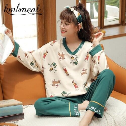 New Sleepwear Cartoon Cotton Pajamas for Women Long Pants Long Sleeved Autumn Spring Loungewear Fashion Home Clothing Homewear