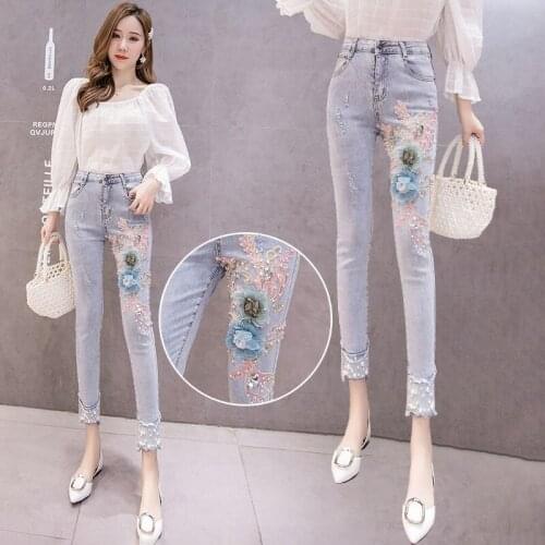 Solid Elastic High Waist Casual Skinny Jeans Pants Women Korean Style Vintage Embroidery Stretch Denim Pencil Pants Female X41