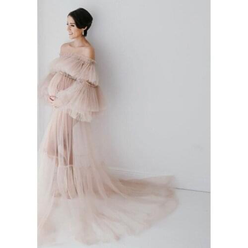 Nude Khaki Maternity Dress Tulle Off Shoulder Long Tiered Prom Gowns Custom Maternity Dresses Party Wear Baby Shower Photography