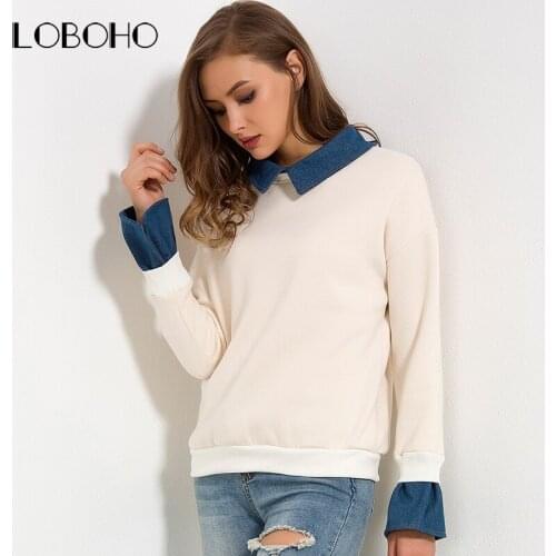 Casual Fleece Sweatshirt Autumn Winter 2017 Fashion Collar Flare Long Sleeve Sweatshirts Women Patchwork Denim Cotton Sweatshirt