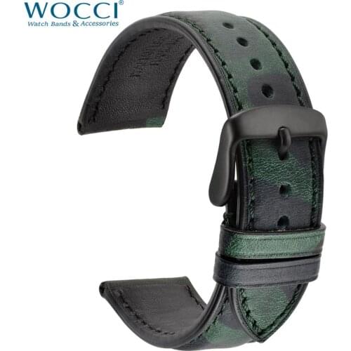 WOCCI Camo Green Leather Watch Band 18mm 20mm 22mm Strap Sport Style Black Buckle For Men Wristwatch Replacement Bracelet