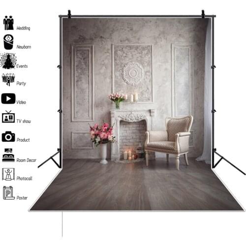 Old Chic Wall White Fireplace Armchair Flower Wooden Floor Baby Interior Photo Backdrops Photography Backgrounds Photo Studio
