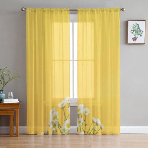 Daisy Flower Plant Yellow Sheer Curtains for Living Room Bedroom Kitchen Tulle for Windows Voile Yarn Curtains for Bedroom