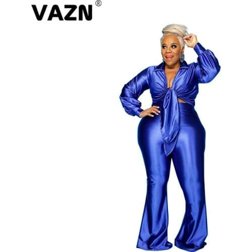 VAZN 2021 New High-end Sexy Club Plus Size Novelty Sweet Solid Bandage Top Full Sleeve Long Pants Skinny Women 2 Piece Set