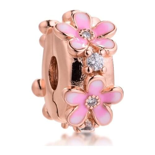 Rose Gold New Garden Pink Daisy Spacer Clip Fits Europe Bracelet 925 Sterling Silver Beads For Jewelry Making