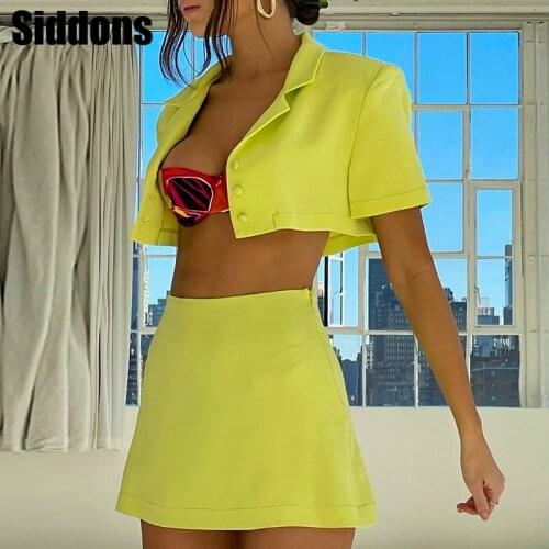 Sexy 2 Pieces Skirt Set Women Short Sleeve Cardigan Crop Top and A-Line Skirt Set