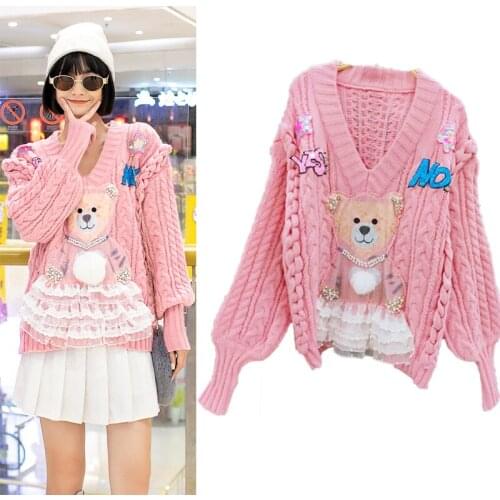 Cute Pink Thicken Womens Sweater Cartoon Patch V-Neck Autumn And Winter Knitted Pullover Long Sleeve Loose Clothes Plus Size