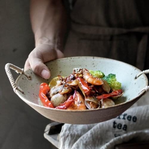 1 PCS KINGLANG Handmade household Japanese rough pottery dinner plate dessert hemp rope handle