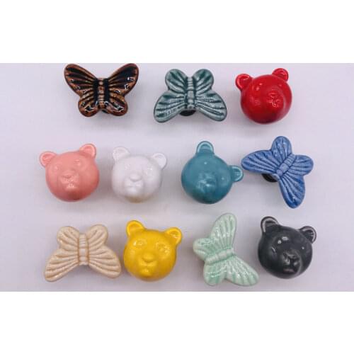 1pcs Single Hole Cute Animal look Cabinet Knobs and Pulls Ceramic Bear Butterfly Door Cupboards Drawers Bedroom Furniture Handle