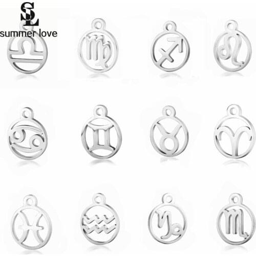 10Pcs Zodiac Constellation Pendant Stainless Steel Full Polished Round Charm for DIY Necklace Bracelet Jewelry Making